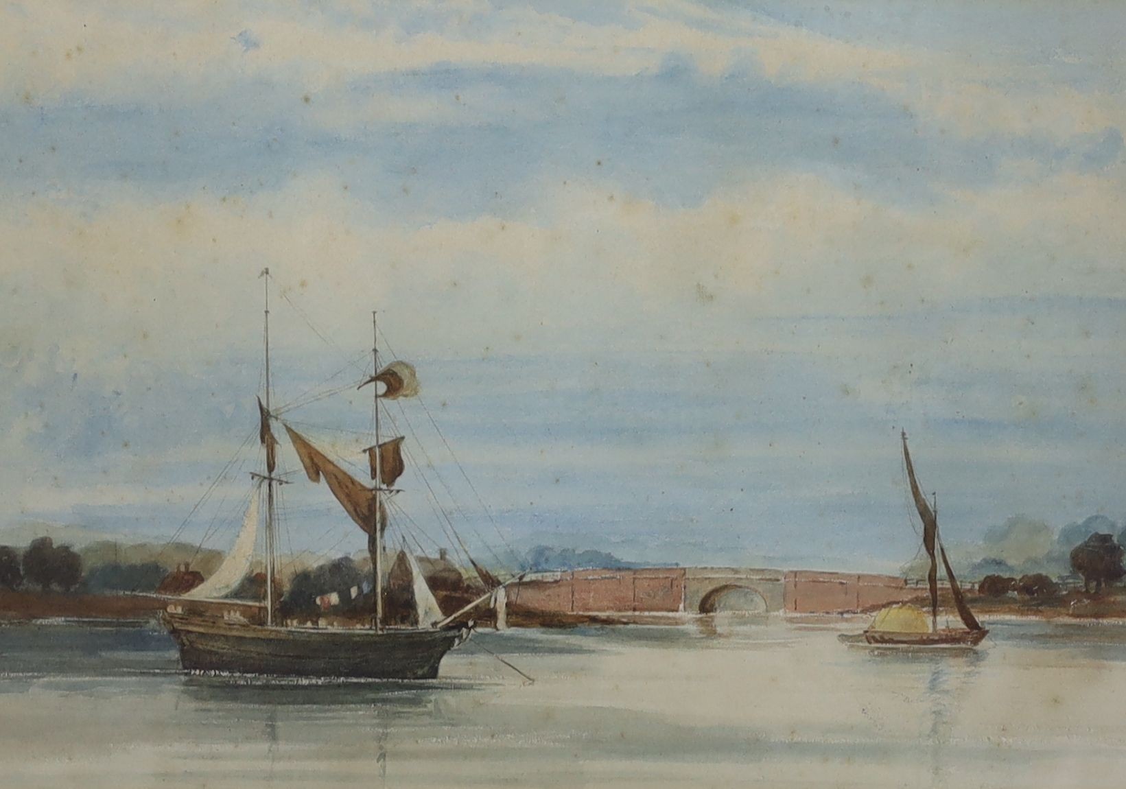 CHM, watercolour, View of a North African town, initialled, 16 x 45cm and a watercolour of the River Orwell, near Ipswich by J. Harrison, 21 x 30cm